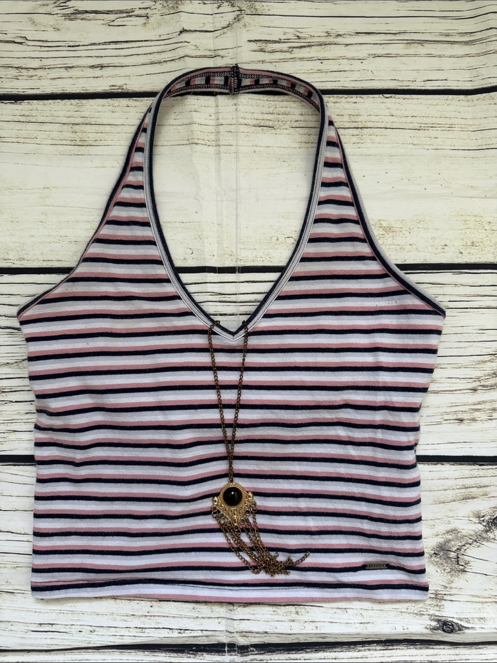 ♡ Hollister Must Haves Pink & Black Striped Halter Crop Top